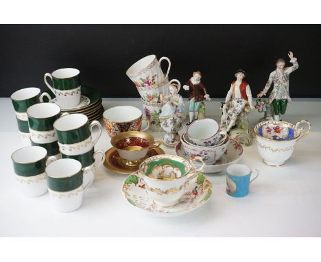 Set of nine Spode coffee cups and saucers together with three early 20th Century Sitzendorf ceramic figurines and a similar u