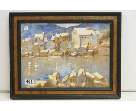 Vintage watercolour of continental harbour scene signed Marie Temple, 26 x 36cm 