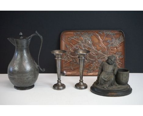A collection of metalware, to include: a pair of silver epergnes, London 1928, a copper tray depicting a battle scene, a pewt