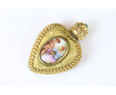 Limoges yellow metal perfume bottle in the form of a heart with a screw top set with a green stone and a ceramic panel to the