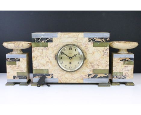 Art Deco marble clock garniture set, the 8-day clock of rectangular form, with circular dial, Arabic numerals and polished st