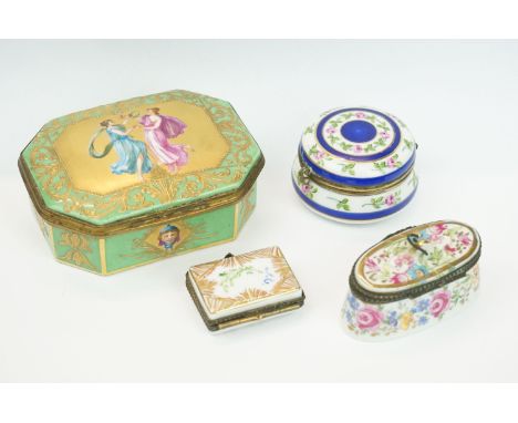 Group of French ceramic dressing table boxes to include a 19th Century Sevres box hand painted with dancing figures (base sig