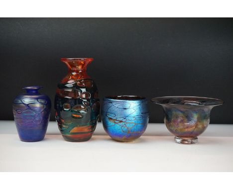 Group of studio art glass to include a Norman Stuart Clarke iridescent glass vase (signed), Mdina blue and orange trailed gla