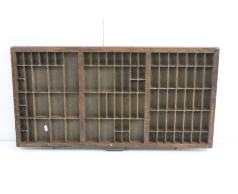 Early 20th century Wooden Printers Tray or Drawer, the iron handle cast ' Hamilton MFG Co ', 82cm x 42cm 