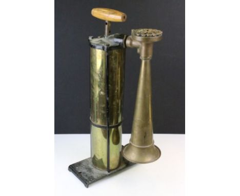 'Tyfon' patent brass marine manual foghorn by Kockums Mek.Verkstad of Sweden, pump-action, mounted on a cast iron base. (Meas