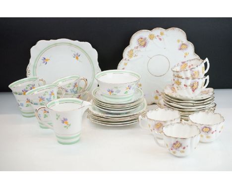 Art Deco Roslyn China Hand Painted Part Tea Set comprising Six Cups, Five Saucers, Six Tea Plates, Sandwich Plate, Milk and S