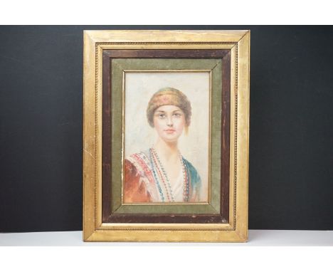 A framed oil painting portrait of an elegant woman in Eastern costume, 28 x 18cm 