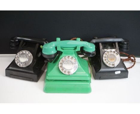 Three vintage early plastic telephones, to include: ATM green telephone with bell set, an AEP black telephone and another bla