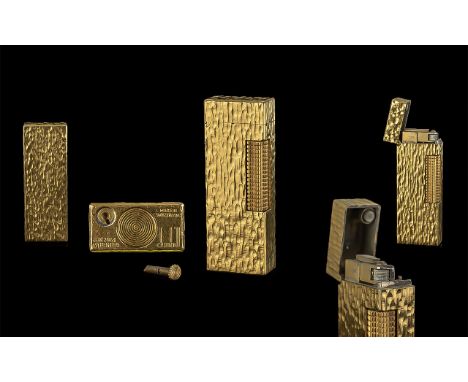 Dunhill Deluxe Version Heavy Gold Plated Lighter, ' Bark ' Design. c.1960's. 2.5 Inches - 6.25 cms High. 