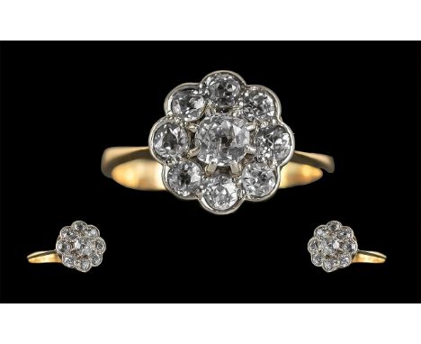Ladies 18ct Gold - Pleasing Quality Diamond Set Cluster Ring, Flower head Design. Full Hallmark to Shank, The Nine Faceted Di