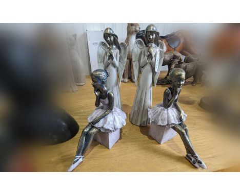 Two Ceramic Standing Angel Figures, measure 11'' tall, together with two seated ballerina figures, 8'' tall. Together With - 