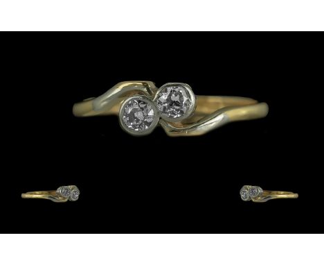 Antique Period - Pleasing 18ct Gold Two Stone Diamond Set Ring, Marked 18ct to Shank. The Two Pave Set Round Diamonds of Good