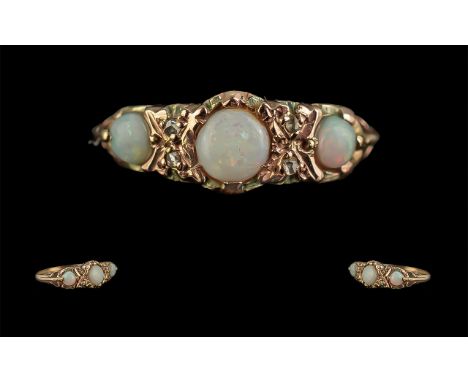 Antique Period 18ct Gold 3 Stone Opal and Diamond Set Ring. Full Hallmark to Interior of Shank, Birmingham 1905, The Opals ar