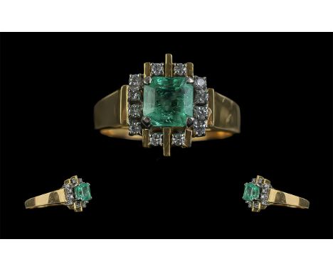 Ladies Fine 14ct Gold Emerald and Diamond Set Dress Ring, circa 1950s, marked 585 to interior of shank; the step cut square e