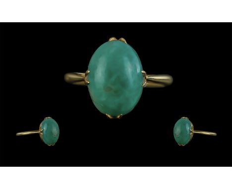 18ct Gold Pleasing Quality Single Stone Turquoise Jade Set Ring, marked 18ct to shank; excellent coloured stone, ring size N,