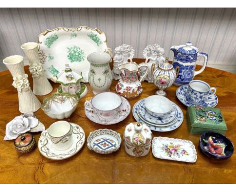 Box of Collectible Porcelain, including a small Moorcroft bowl, Noritake footed bowl, assorted cups and saucers, Abbey blue a
