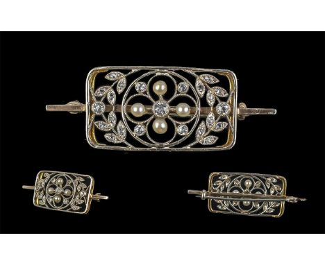18ct White Gold Attractive and Exquisite Diamond and Pearl Set Small Openwork Brooch, not marked but tests high carat gold;  