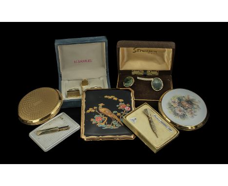Collection of Vintage Collectibles, including two Stratton compacts, a 1950's purse style compact decorated with a bird and f