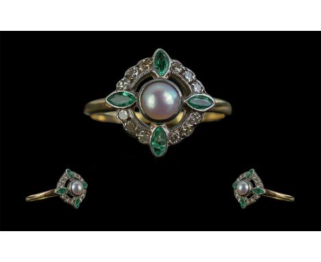 Ladies 1920s Attractive 15ct Emerald Diamond and Pearl Set Dress Ring, marked 15ct to interior of shank, the emeralds of good