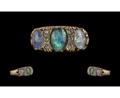 Antique Period - Superb 9ct Gold 3 Stone Opal Ring, With Old Cut Diamond Spacers, Gallery Setting. Full Hallmark to Shank. Th