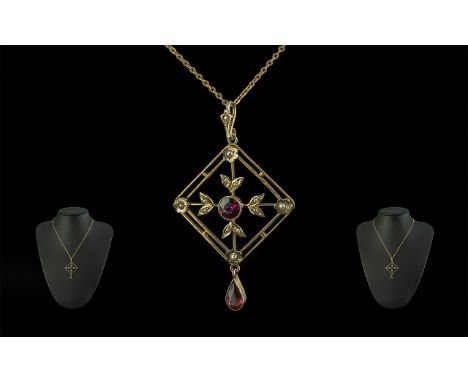 Antique Period Art Nouveau 9ct Gold Open Worked Garnet and Pearl Set Pendant Drop, With Attached 9ct Gold Chain. Marked 9ct. 