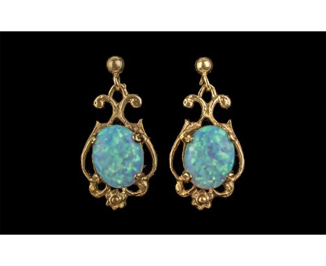 Pair of 9ct Gold Opal Drop Earrings, for pierced ears.