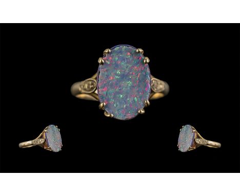 18ct Gold - Attractive Single Stone Opal Set Ring ( Doublet ) Not Marked but Tests Gold. Multi-Colours Doublet. Ring Size L. 