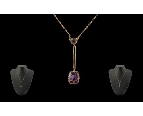 Art Nouveau Attractive 9ct Gold Seed Pearl and Amethyst Set Necklace with Integral Drop, Marked 9ct. Chain and Drop Integral,