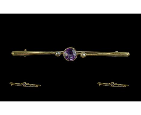 Antique Period Attractive 15ct Gold Amethyst and Seed Pearl Set Brooch. Marked 15ct. The Faceted Amethyst of Deep Rich Colour