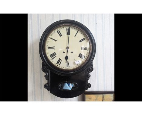 Vintage Railway/School Clock, dark wood, with pendulum and key, Roman numerals.  Measures approx. 22" long x 16" wide.