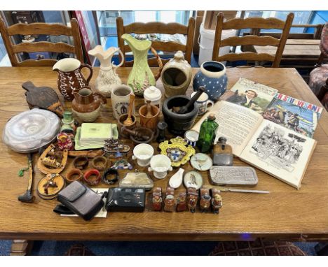 Box of Collectibles, including stoneware salt pot, jugs, mugs, pottery including Carlton Ware jug, butter dish, assorted mugs