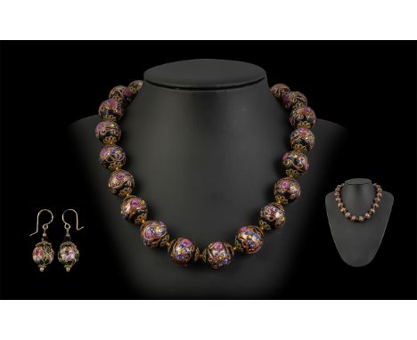 Murano Venetian Style Aventurine Glass Necklace, large beads, highly decorated throughout, amber coloured spacers plus cloiso