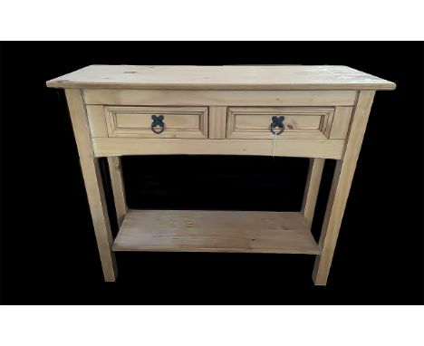 Small Pine Console Table, two drawers above a lower shelf.  Measures 34.5" wide x 13" deep x 29" high.