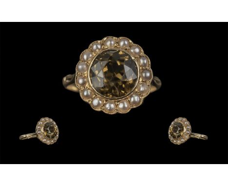 Antique Period - Superb Quality 18ct Gold Smoky Topaz and Seed Pearl Set Dress Ring. Marked 18ct to Interior of Shank. The Sm