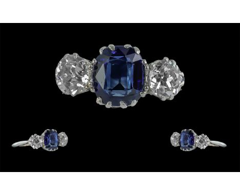 Ladies 18ct White Gold Excellent Quality Three Stone Diamond and Sapphire Set Ring, circa 1910, marked 18ct to interior of sh