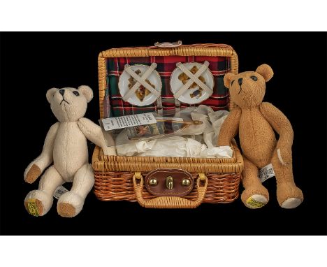 Merrythought Picnic Set with Two Bears, lovely wicker picnic basket, with complete porcelain contents, and two 7" Merrythough