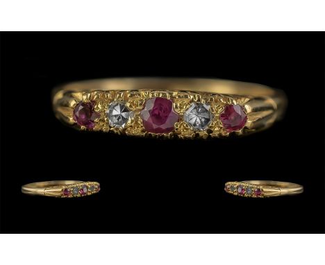 Antique Period 18ct Gold Attractive Diamond and Ruby Set Ring, Gallery Setting, Full Hallmark for 18ct Gold. Rubies and Diamo