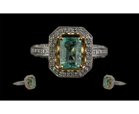 18ct Gold Attractive Emerald and Diamond Set Cluster Ring, With Diamond Set Shoulders of Square Form, Full Hallmark to Interi