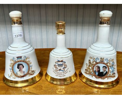 Three Bell's Scotch Whisky Commemorative Porcelain Decanters, two 75cl decanters celebrating the marriages of Andrew & Sarah 