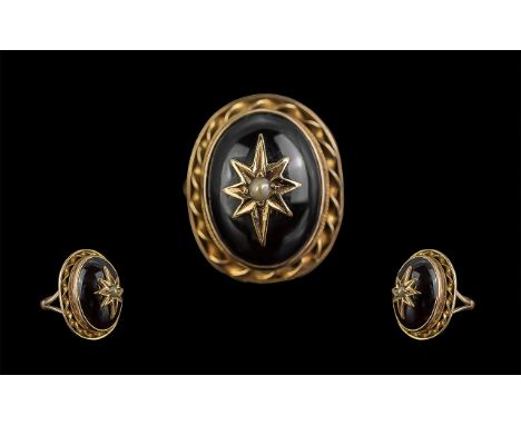 Antique Period - Pleasing 15ct Gold Black Enamel and Pearl Set Dress Ring. The Cabochon Cut Enamel Stone with Pearl Set Gold 