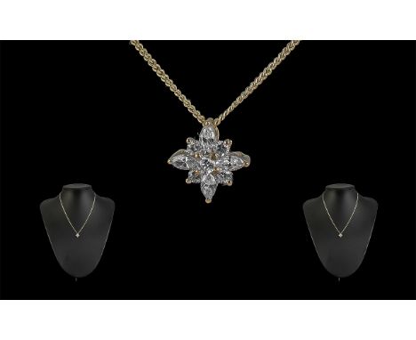 18ct White Star Shaped Diamond Set Pendant with Attached 18ct White Gold Fancy Chain. Both Pendant and Chain Marked 18ct - 75