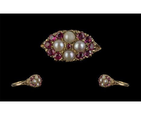 Victorian Period 1837 - 1901 Attractive 9ct Gold Garnet and Pearl Set Cluster Ring. Hallmark Birmingham 1897. Ring Size P. We