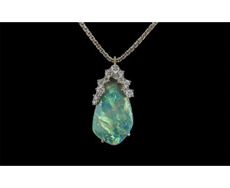 Superb Quality Black Opal and Diamond Set Pendant - Attached to a 18ct White Gold Chain. Both Marked for 750 - 18ct. The Aust