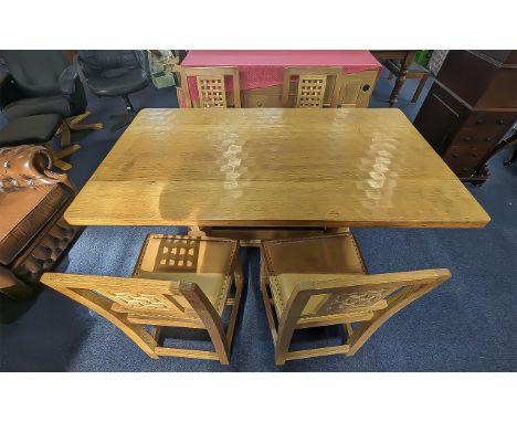 Robert 'Mouseman' Thompson - A Mouseman refectory table and four matching dining chairs with leather seats and studded trim, 