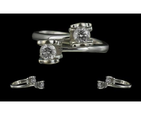 18ct White Gold Contemporary Designed Two Stone Diamond Set Ring. Marked 750 - 18ct to Interior of Shank. 750 - Tous. The Two