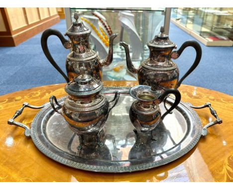 French Silver Plated Tea Service & Tray, comprising tea pot, coffee/hot water pot, lidded sugar bowl and milk jug, raised on 