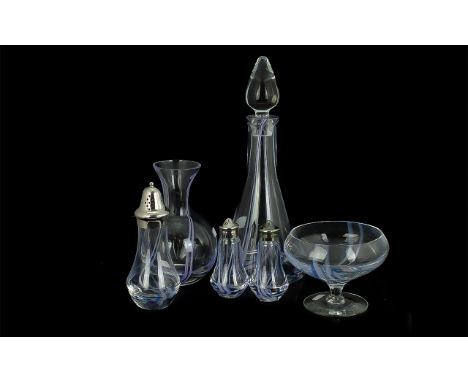 Collection of Caithness Glass, comprising a 12" tall decanter with stopper, a small 10" water jug, a sugar shaker, salt pot a