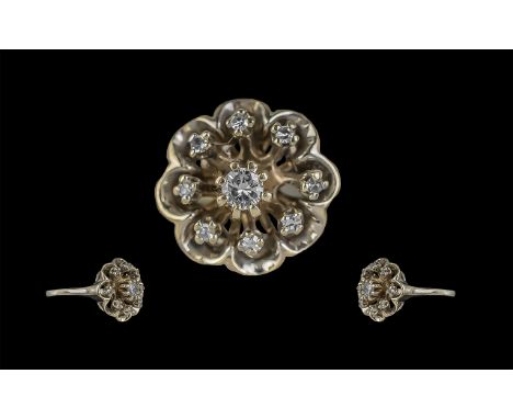 18ct Gold Pleasing Diamond Set Cluster Ring, Marked 18ct to Shank, The Round Faceted Diamonds of Good Colour / Clarity, Est D