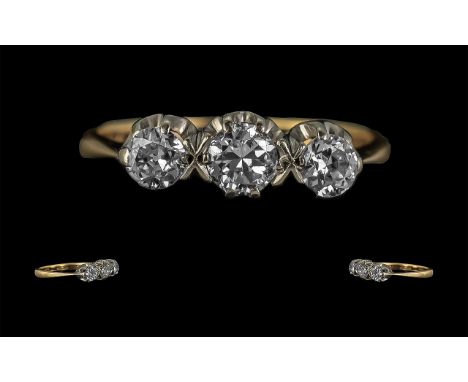 Ladies - Attractive 1930's 18ct Gold 3 Stone Diamond Set Ring. Marked 18ct to Shank, The 3 Round Brilliant Cut Diamonds of Ex