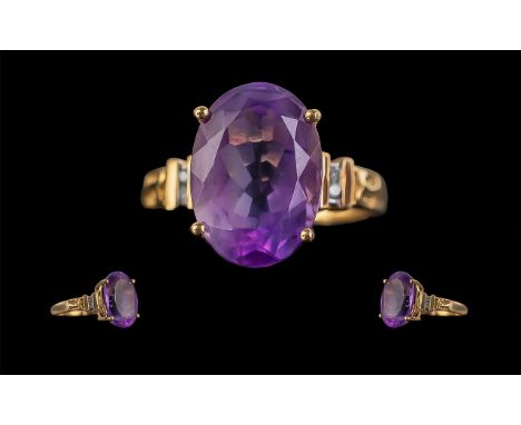 14ct Gold Attractive Amethyst and Diamond Set Ring, marked 14ct, with Chinese script to interior of shank; the large oval for